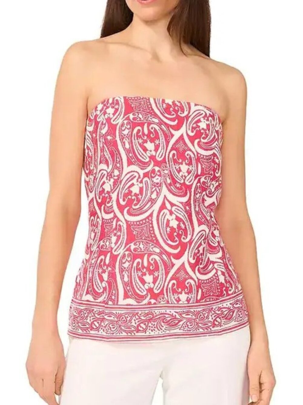 1. State Women's Size XL Paisley Print Strapless Lined Red Ivory Top NEW